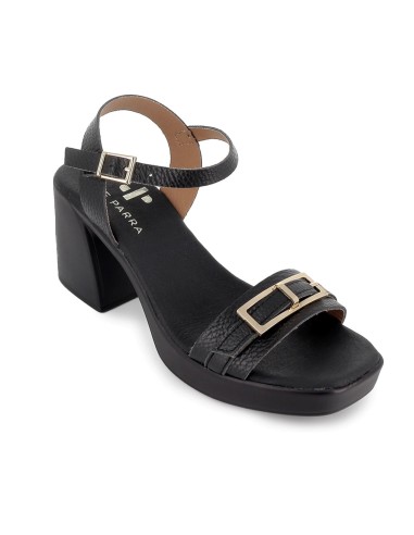 Sandalia piel suela cómoda con hebilla y tacon alto mujer negra