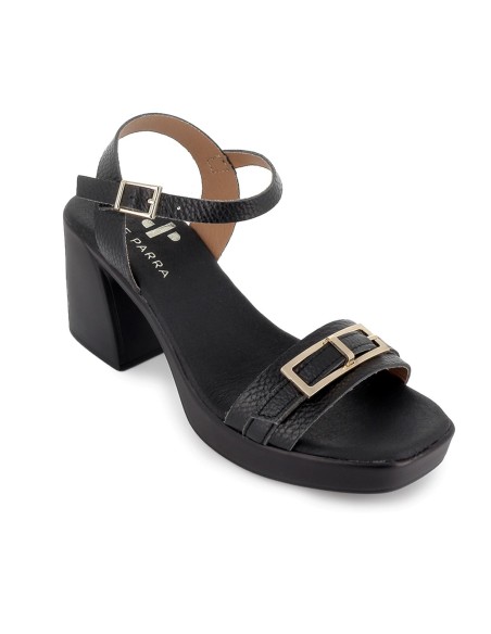 Sandalia piel suela cómoda con hebilla y tacon alto mujer negra