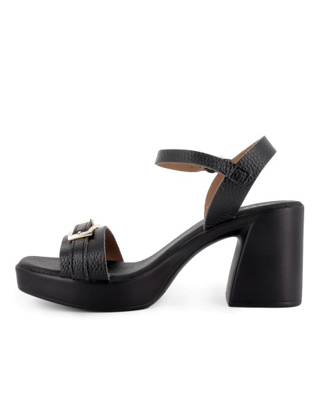 Sandalia piel suela cómoda con hebilla y tacon alto mujer negra