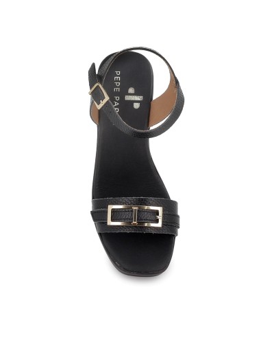 Sandalia piel suela cómoda con hebilla y tacon alto mujer negra