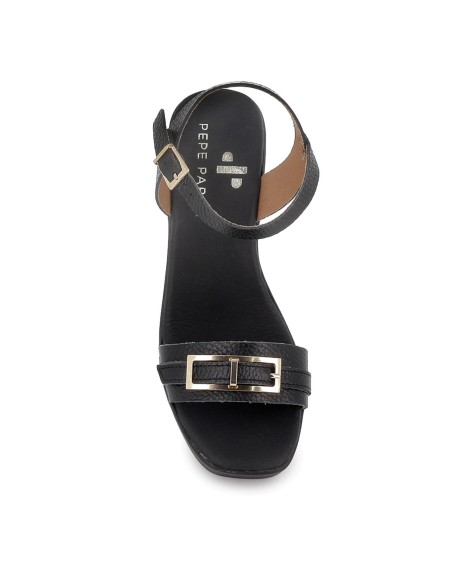 Sandalia piel suela cómoda con hebilla y tacon alto mujer negra