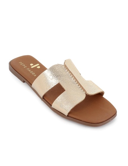 Zueco piel plano horma cuadrada mujer dorado