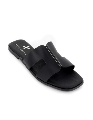 Zueco piel plano horma cuadrada mujer negro