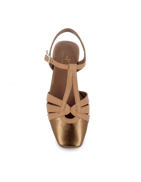 Zapato vestir piel multitiras y tacon bajo mujer marron