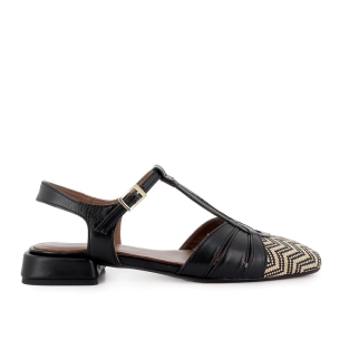 Zapato vestir piel multitiras y tacon bajo mujer negro