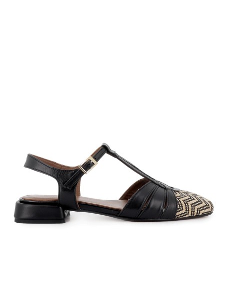 Zapato vestir piel multitiras y tacon bajo mujer negro