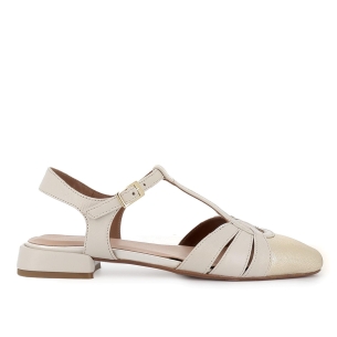 Zapato vestir piel multitiras y tacon bajo mujer marfil