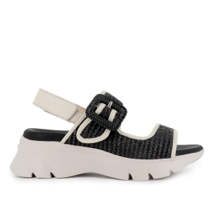 Sandalia rafia forrada piel y hebilla cuña mujer negro y blanco