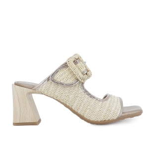 Zueco rafia forrada piel con tacon alto mujer beige