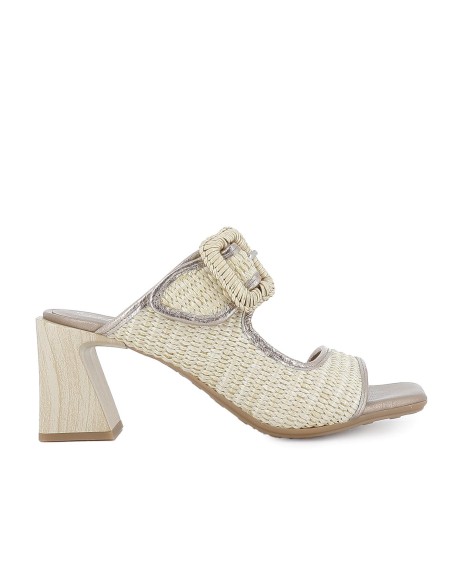 Zueco rafia forrada piel con tacon alto mujer beige