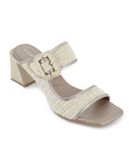 Zueco rafia forrada piel con tacon alto mujer beige