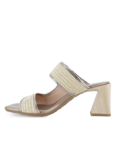 Zueco rafia forrada piel con tacon alto mujer beige