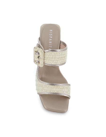 Zueco rafia forrada piel con tacon alto mujer beige