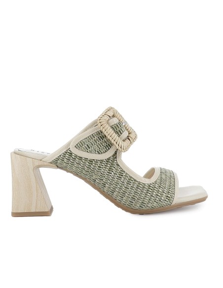 Zueco rafia forrada piel con tacon alto mujer verde