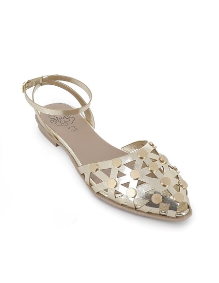 Sandalia piel con remaches y calados tacon bajo mujer dorado