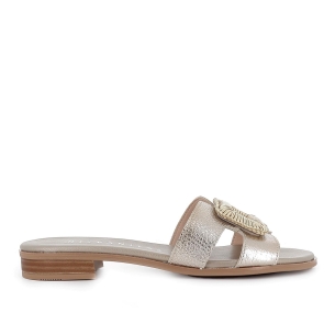 Zueco piel tacon bajo con hebilla forrada en lino mujer dorado