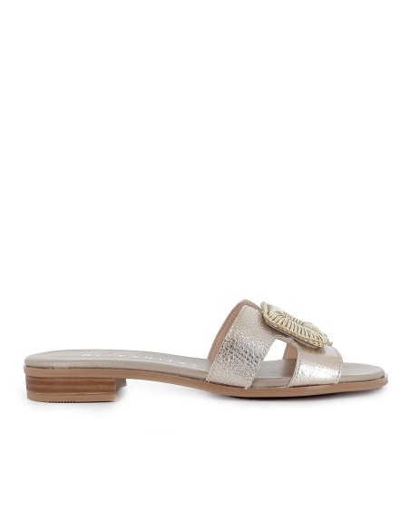 Zueco piel tacon bajo con hebilla forrada en lino mujer dorado