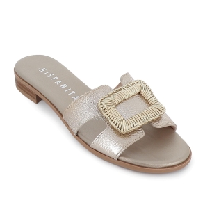 Zueco piel tacon bajo con hebilla forrada en lino mujer dorado 2