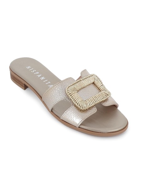 Zueco piel tacon bajo con hebilla forrada en lino mujer dorado