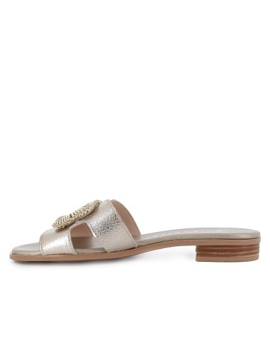 Zueco piel tacon bajo con hebilla forrada en lino mujer dorado