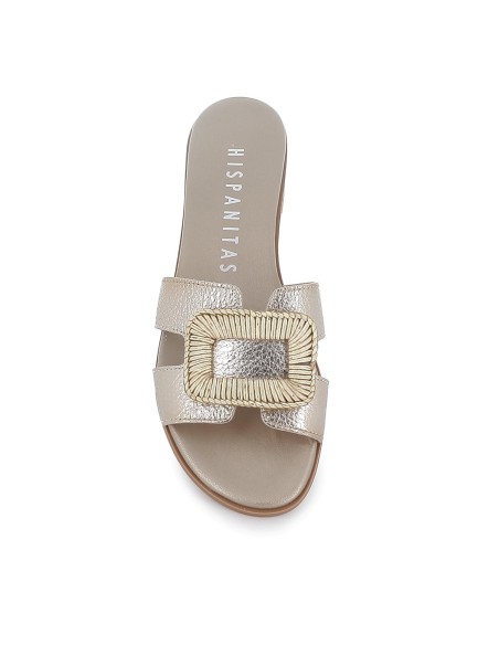 Zueco piel tacon bajo con hebilla forrada en lino mujer dorado