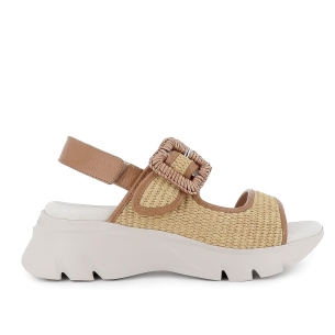 Sandalia rafia forrada piel y hebilla cuña mujer natural