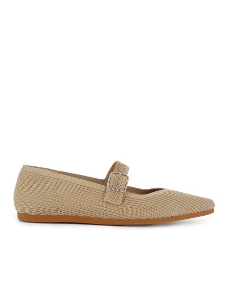 Zapato correa licra y hebilla cuña baja comoda mujer beige