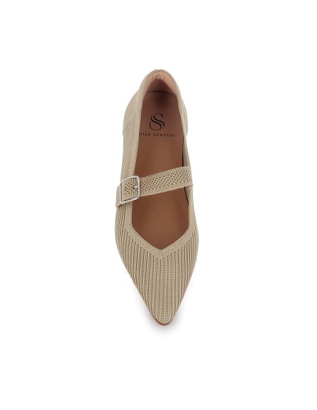 Zapato correa licra y hebilla cuña baja comoda mujer beige
