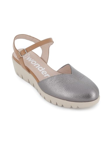 Sandalia de diario con correa y piel cuña fly y pala piel plata mujer