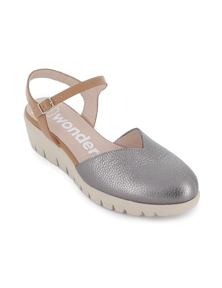 Sandalia de diario con correa y piel cuña fly y pala piel plata mujer