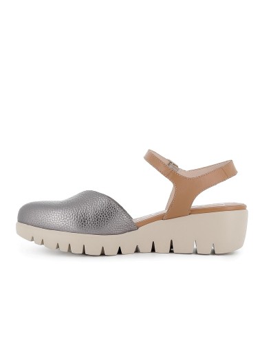 Sandalia de diario con correa y piel cuña fly y pala piel plata mujer