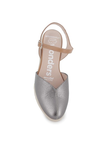 Sandalia de diario con correa y piel cuña fly y pala piel plata mujer