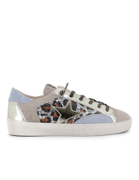 Deportivas casual cordones elásticos animal print glitter plata mujer