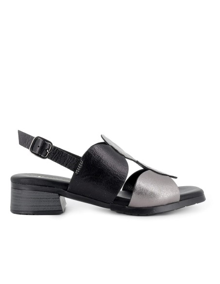 Sandalia piel adornos circulares tacon bajo mujer negro