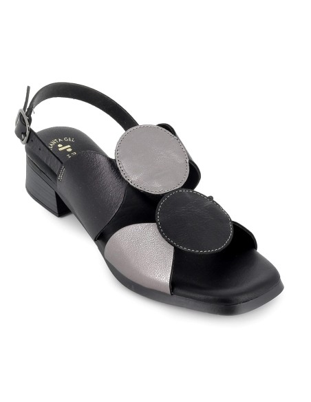 Sandalia piel adornos circulares tacon bajo mujer negro