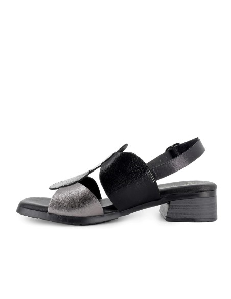 Sandalia piel adornos circulares tacon bajo mujer negro