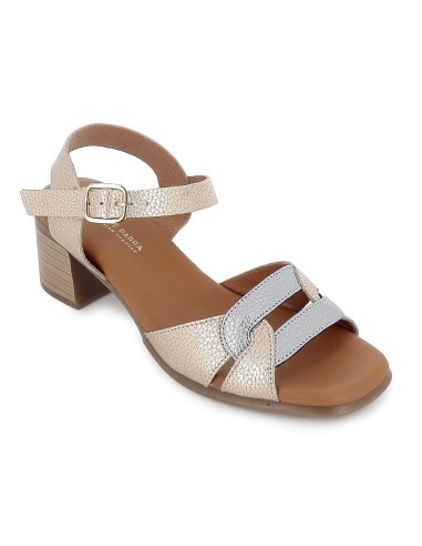 Sandalia piel grabada diseño hebilla mujer dorado