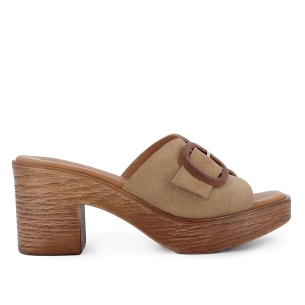 Zueco piel serraje con hebilla tacon tipo madera mujer camel