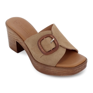 Zueco piel serraje con hebilla tacon tipo madera mujer camel 2