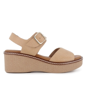 Sandalia piel grabados cuña y hebilla mujer beige
