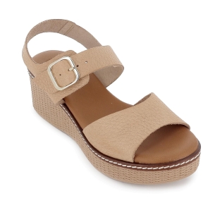 Sandalia piel grabados cuña y hebilla mujer beige 2