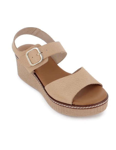 Sandalia piel grabados cuña y hebilla mujer beige