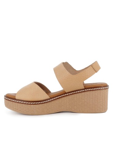 Sandalia piel grabados cuña y hebilla mujer beige