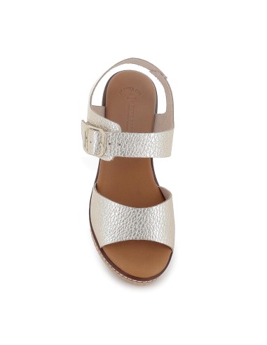 Sandalia piel grabados cuña y hebilla mujer dorado