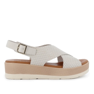 Sandalia piel grabada pala cruzada plataforma mujer blanco