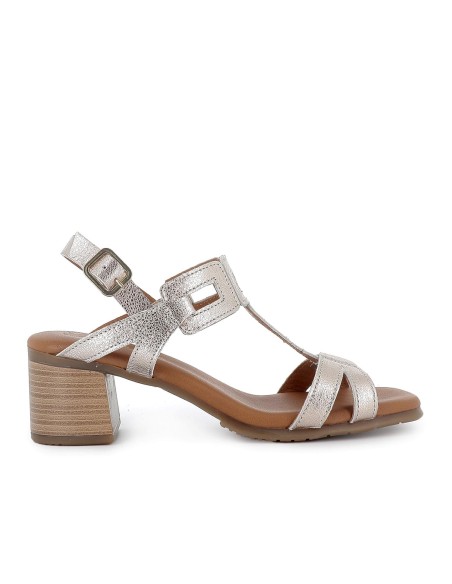 Sandalia piel adornos rectangulares tacon medio mujer dorado