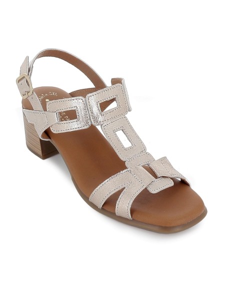 Sandalia piel adornos rectangulares tacon medio mujer dorado