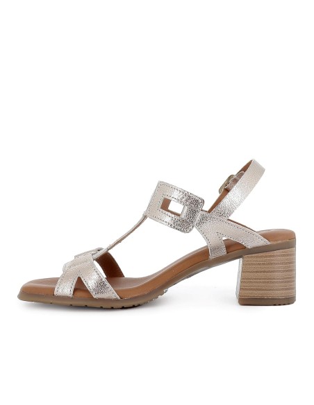 Sandalia piel adornos rectangulares tacon medio mujer dorado