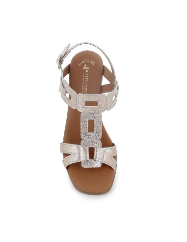 Sandalia piel adornos rectangulares tacon medio mujer dorado