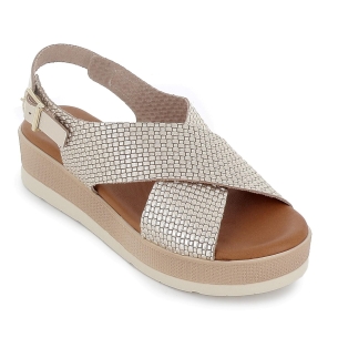 Sandalia piel grabada pala cruzada plataforma mujer dorado 2